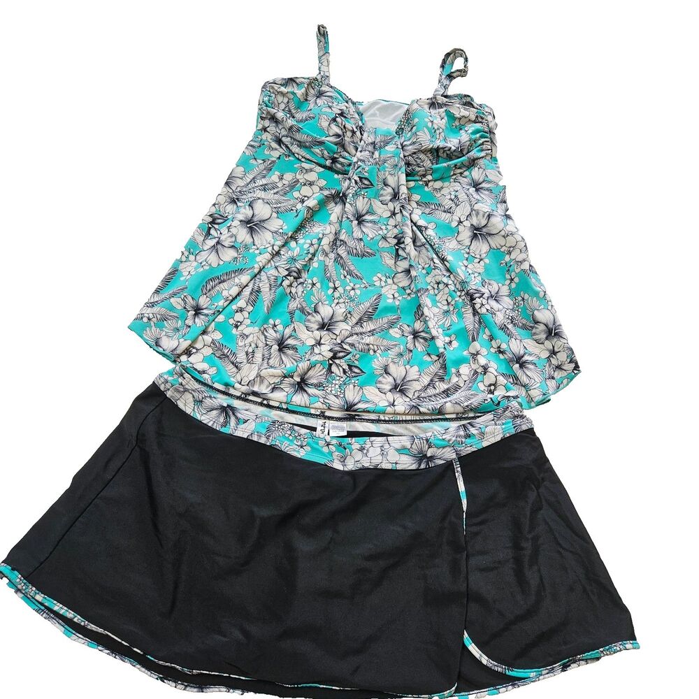 Mazu Swim 2 Piece Swimsuit Turquoise & Black Floral Tropical Women Size 16 Beach